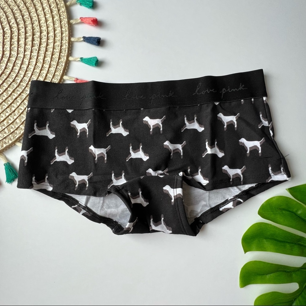 Victoria's Secret PINK Logo Boyshort Panty Black PINK Dog Logo Small NEW